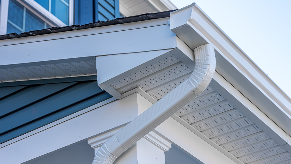 Built-in gutters on colonial home in Coquitlam.